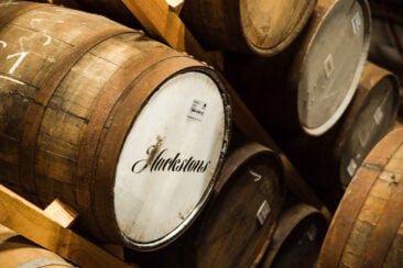 Hackstons whisky casks in the warehouse.
